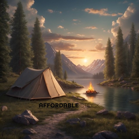Sunset Camping by Serene Mountain Lake