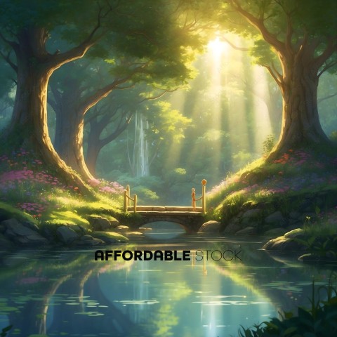 Enchanted Forest Landscape with Sunbeams and Bridge