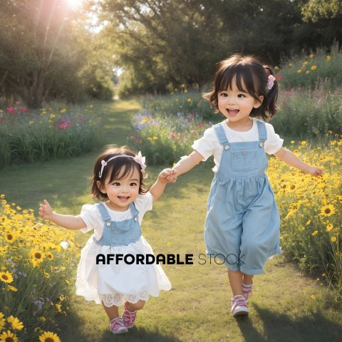 Joyful Toddlers Playing in Flower Field