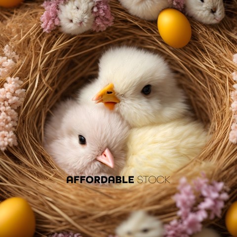Chicks Nestling in a Straw Nest