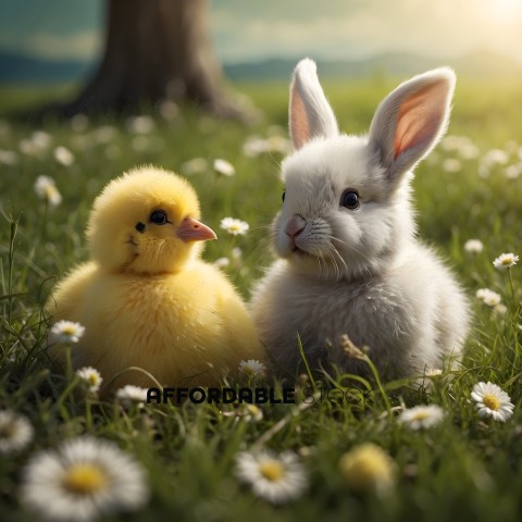 Cute Duckling and Bunny in Spring Meadow