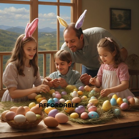 Family Decorating Easter Eggs Together