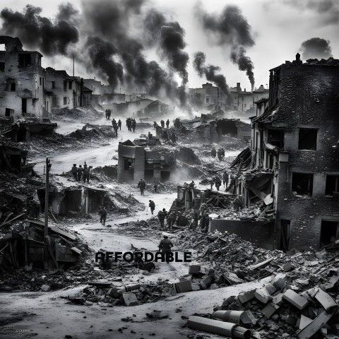 A black and white photo of a group of people walking through a destroyed city