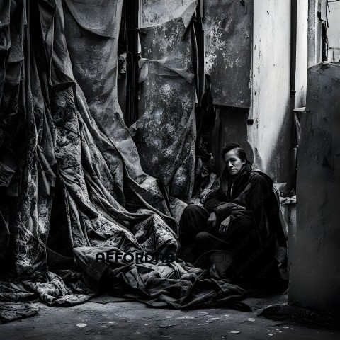 A man sits on a pile of fabric in an alleyway
