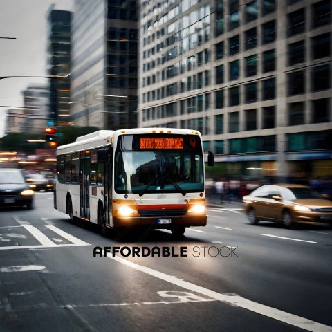 A blurry photo of a city bus driving down a busy street
