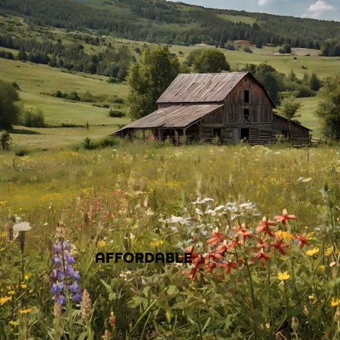 An old barn sits in the middle of a grassy field with wildflowers