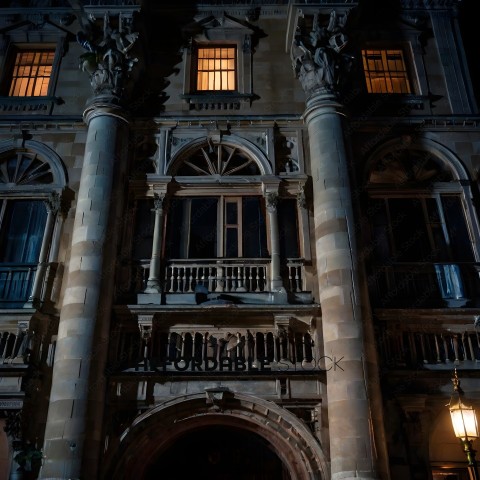 An old building with arched windows at night