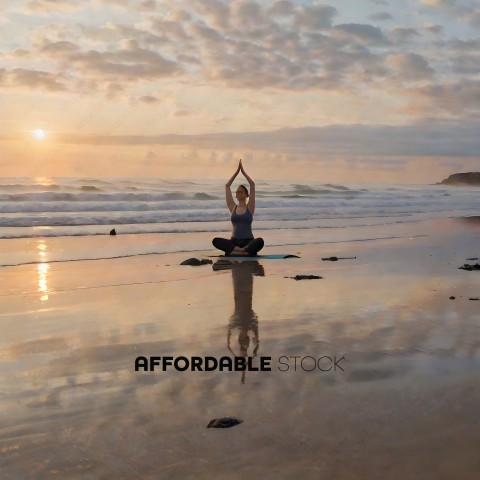 A woman meditating on the beach at sunset