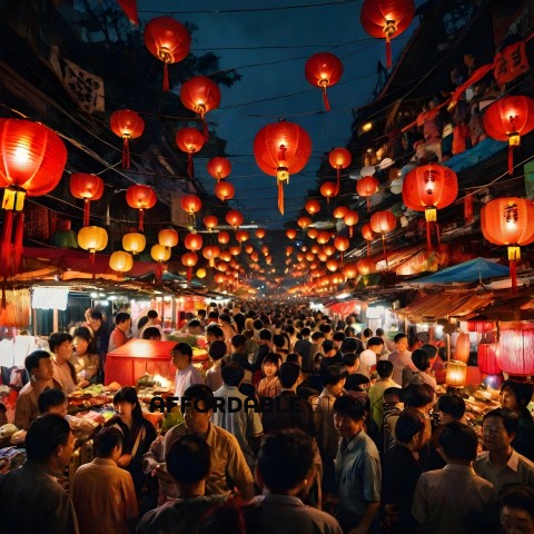Crowd of people shopping at night market with red lanterns hanging from the ceiling