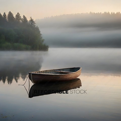 A small boat sits in the misty water