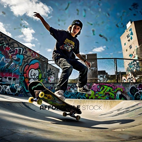 Skateboarder in a skate park with graffiti