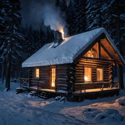 A cozy cabin in the woods with a warm fire burning