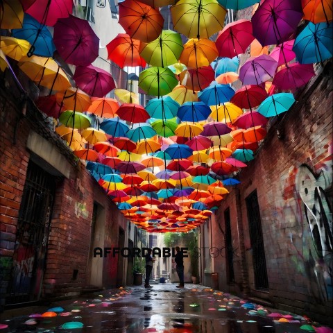 Colorful Umbrellas Hanging from Ceiling in Alley