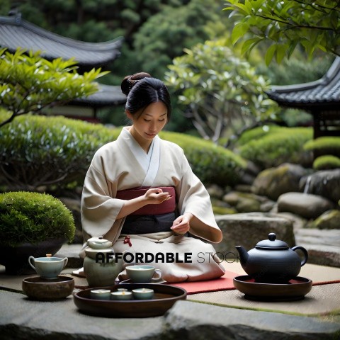 A woman in a kimono sitting in a garden