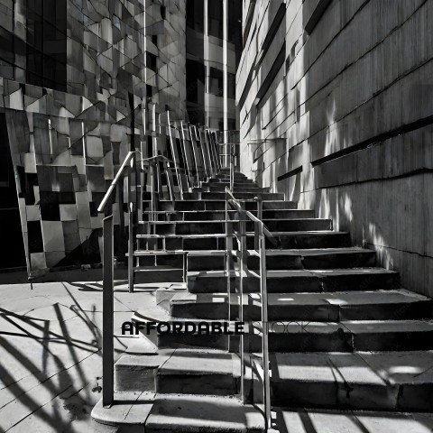 A black and white photo of a staircase with a metal railing