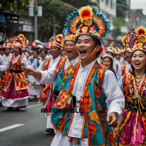 Colorful Asian Parade with Men and Women in Costumes