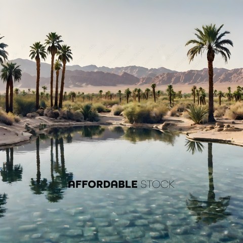 A desert scene with a pool of water and palm trees