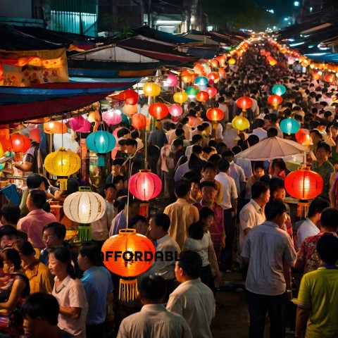 Crowd of people walking through a market with colorful lanterns