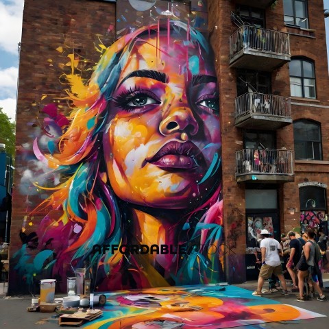 A mural of a woman's face painted on a brick wall