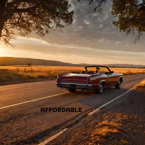 A classic car drives down a country road at sunset