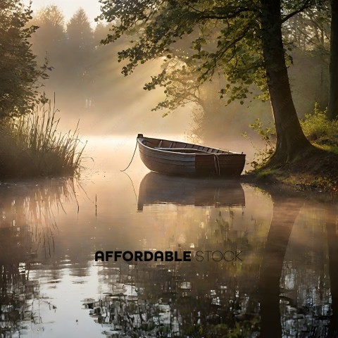 A boat sits in a misty lake