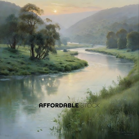 A serene landscape with a river, trees, and a sunset