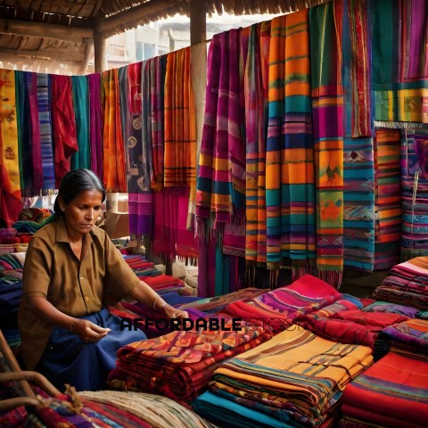 A woman in a market selling colorful blankets
