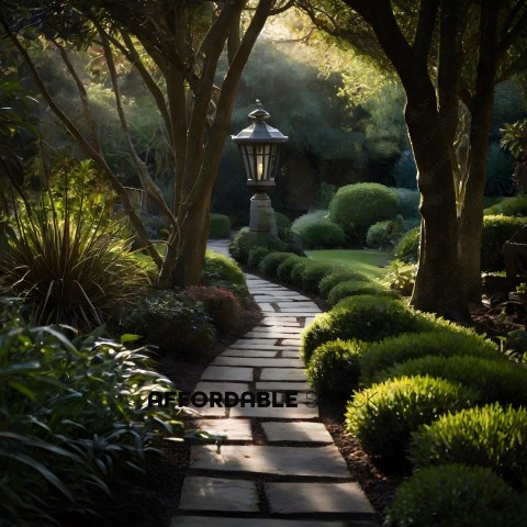 A pathway lined with bushes and a lamp