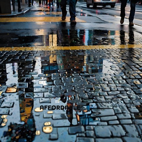 Reflection of a city street on a wet sidewalk