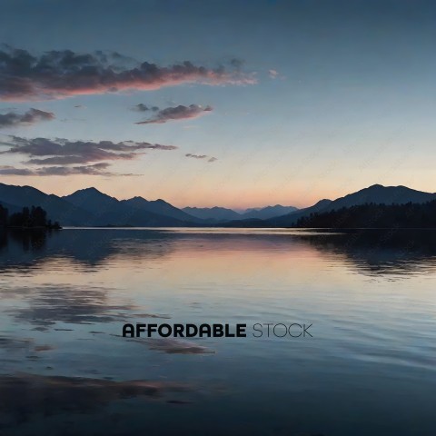 A serene lake at sunset with mountains in the background