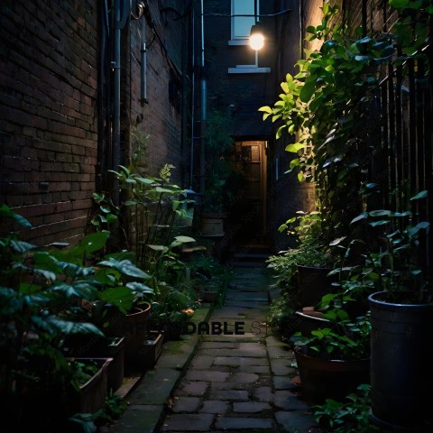 A dark alleyway with plants and a doorway