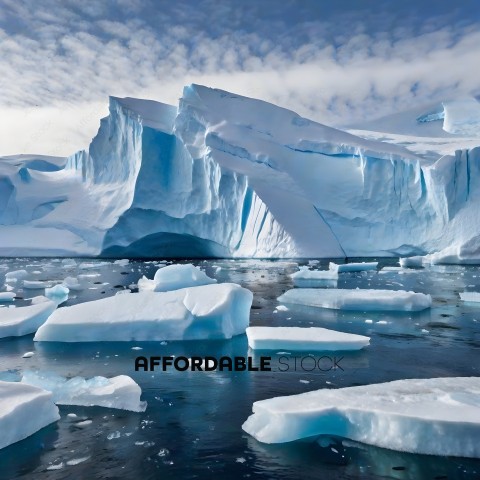 A large iceberg with a few smaller icebergs in the water