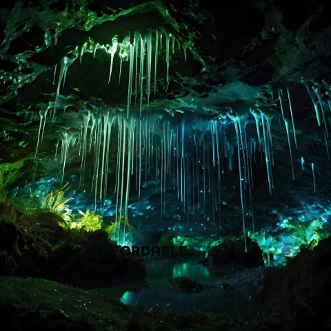 A cave with a green glow and water dripping from the ceiling