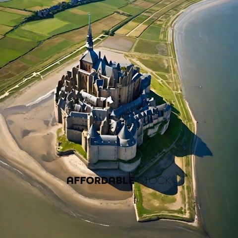 A castle sits on a sandy beach