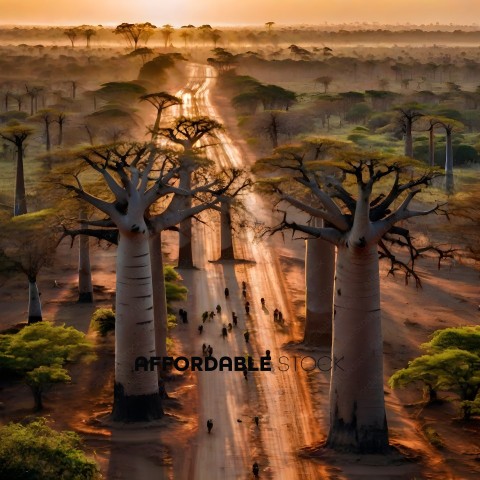 A group of people walking down a dirt road with trees on both sides