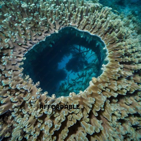 A close up of a coral reef with a blue hole in the center