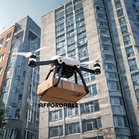 A drone carrying a box in the air