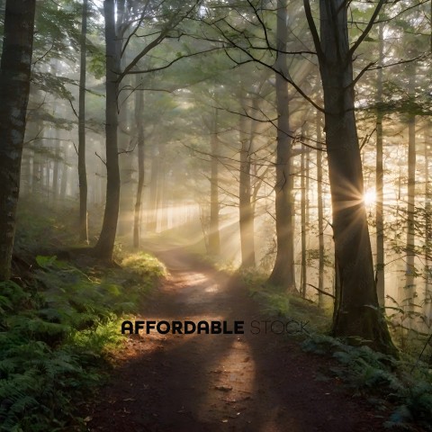 A forest path with sunlight streaming through the trees