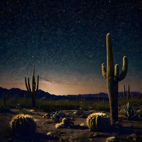 Cactus in the Desert at Night
