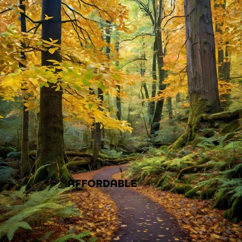 A pathway through a forest with yellow leaves