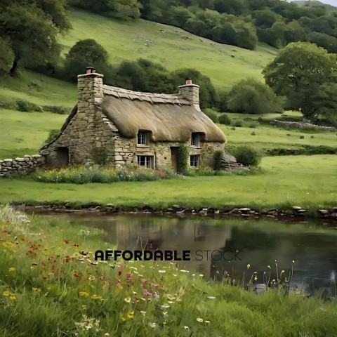 A quaint cottage in a lush green field