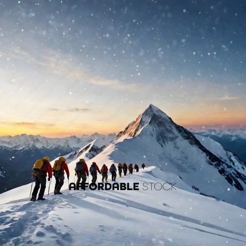 A group of people climbing a snow covered mountain
