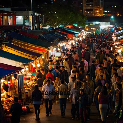 Crowd of people walking through an outdoor market at night