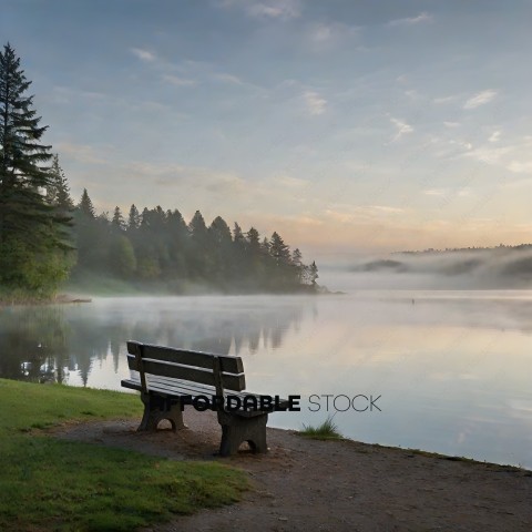 A bench overlooking a lake with a misty atmosphere