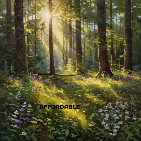 A painting of a forest with sunlight streaming through the trees