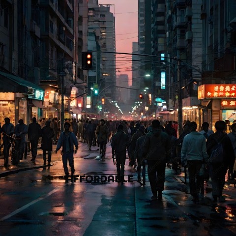 A crowded city street at night with people walking
