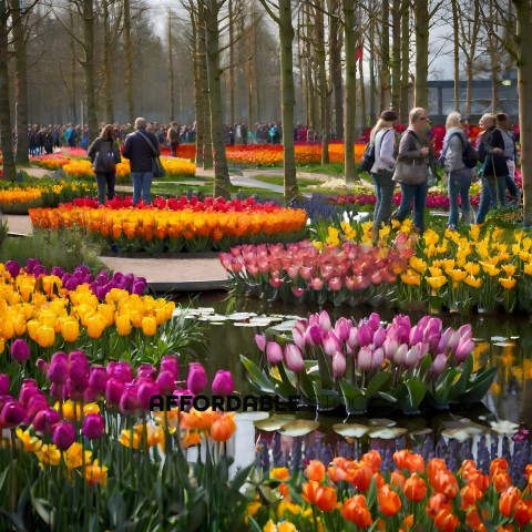 A group of people walking through a garden of flowers