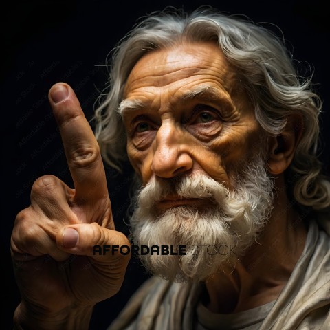 An old man with a beard and mustache points his index finger