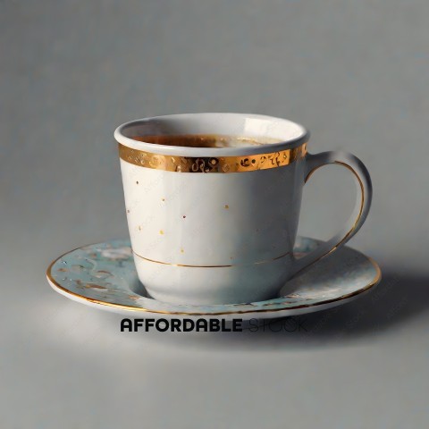 A white cup with gold trim and a blue plate