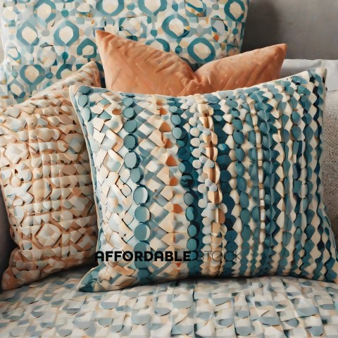 A blue and white pillow with a geometric pattern